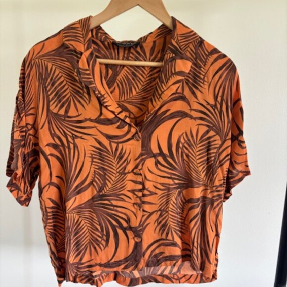 MINKPINK Tropical Palm Print Button Front Top XS – Orange Brown Vacation Style - Picture 1 of 3